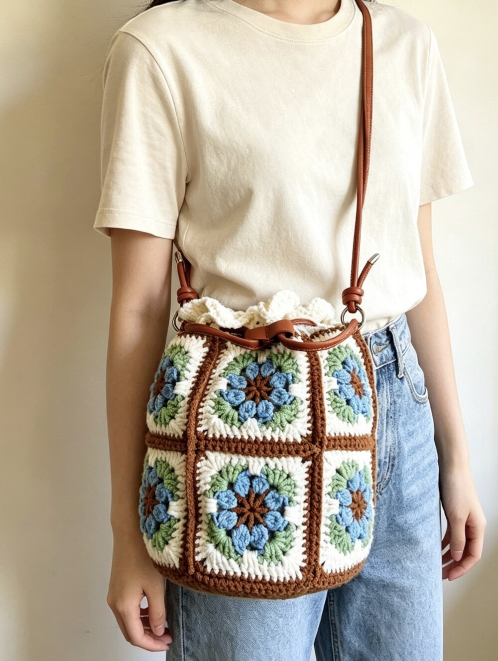 Handmade Brown & Multicolor Crochet Bucket Shoulder Bag